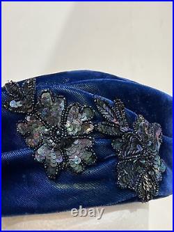 Ferne Michael Original Runway Velvet Blue Millinery Sequin Church Lady Hat 1940s