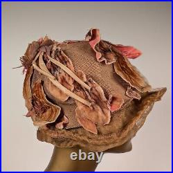 Flapper 1920's Cloche Hat W Velvet Leaf + Horsehair Trim