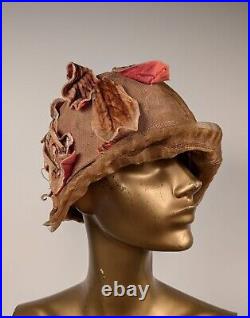 Flapper 1920's Cloche Hat W Velvet Leaf + Horsehair Trim