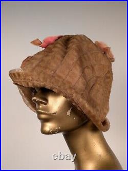 Flapper 1920's Cloche Hat W Velvet Leaf + Horsehair Trim