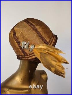Flapper 1920's Golden Cloche Hat W Rinestone Pins + Painted Gold Feather Spray