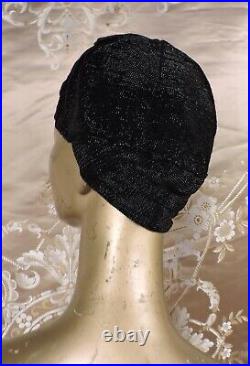 Flapper 1920's Metallic Black Cloche Hat W Metallic Lame Trim