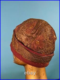 Flapper 1920s Metallic Gold Lamé Cloche Hat W Gold Leather
