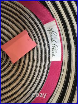 Frank Olive Black White Strip Plastic Straw Hat Vintage 1980s 119-11-31519