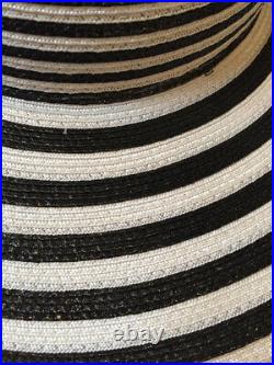 Frank Olive Black White Strip Plastic Straw Hat Vintage 1980s 119-11-31519