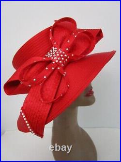 Frank Olive Red Hat Rhinestones Wedding Derby Church Easter Tea