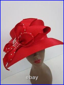 Frank Olive Red Hat Rhinestones Wedding Derby Church Easter Tea