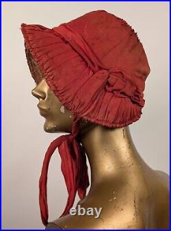 French 1920's Red Polished Cotton Bonnet Hat W Silk Lace Brim