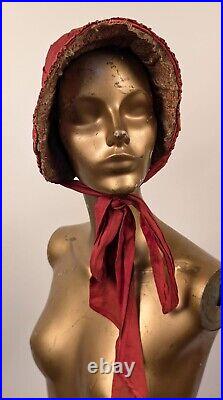 French 1920's Red Polished Cotton Bonnet Hat W Silk Lace Brim