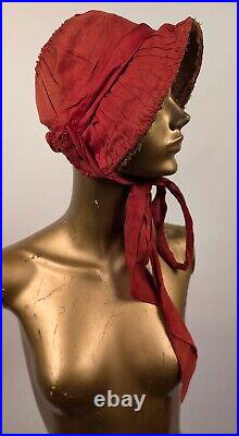 French 1920's Red Polished Cotton Bonnet Hat W Silk Lace Brim