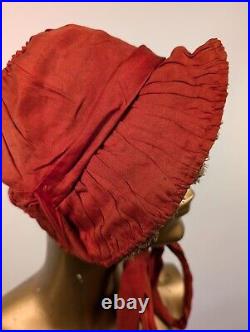 French 1920's Red Polished Cotton Bonnet Hat W Silk Lace Brim