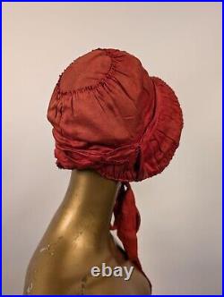 French 1920's Red Polished Cotton Bonnet Hat W Silk Lace Brim