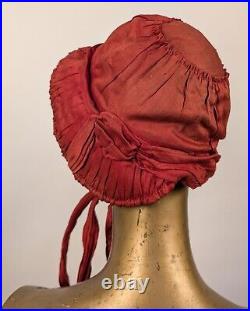 French 1920's Red Polished Cotton Bonnet Hat W Silk Lace Brim