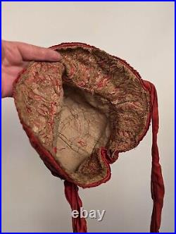 French 1920's Red Polished Cotton Bonnet Hat W Silk Lace Brim