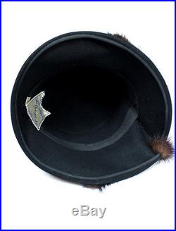 Fur Felt & Mink Trim Hat Sz 22 7 1/8 Vintage 60s Designer Lazarus Black Brown