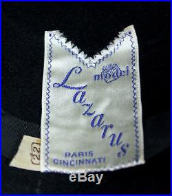 Fur Felt & Mink Trim Hat Sz 22 7 1/8 Vintage 60s Designer Lazarus Black Brown