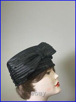G. M. I. Womens Pill Box-Style Hat with Bow and Beaded Embellishments One Size