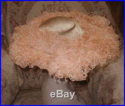 GIGANTIC Wide Brim Platter Hat w Apricot Ostrich Plumes & Silk Panne Velvet WOW