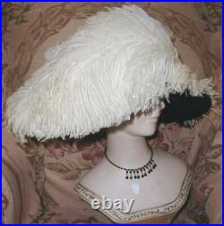 GRAND HUGE 1911 French Edwardian Wide Hat w 2 Big Ostrich Plumes, Jewel, PARIS