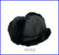 GUCCI Vintage GG Logo Monogram Rabbit Fur Flying Cap Hat Accessory Black RankA