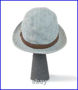 GUCCI Women's Hat Monogram GG Denim Vintage Panama Bucket Washed Blue Size L
