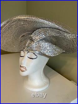 George Zamau'l Couture Silver Rhinestone Foiled Straw Dress Hat