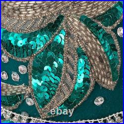 George Zamaul Couture Hat Womens Green Rhinestone Beading Fashion Derby Vintage