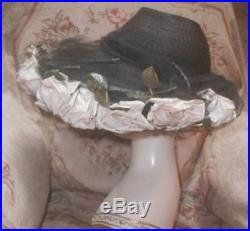 Gigantic LILLY DACHE 1940s Wide Brim Cartwheel Hat w Pale Pink Roses & Silk Net