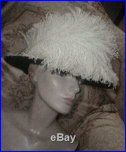 Gorgeous 1912 Edwardian Cream Ostrich Plumes Hat w Deep Crown Black HH & Ribbons