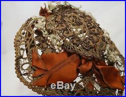 Gorgeous Antique Victorian 1860s Bonnet/Hat Metal Wire Lace Handmade Flowers