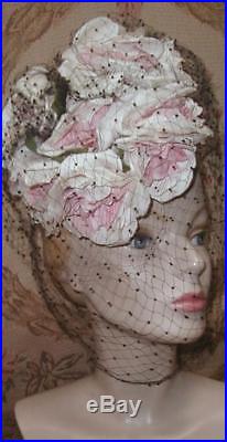 Gorgeous LILLY DACHE 1940s PLUMP PINK ROSES Tilt Hat, Full Silk Veil, O Ring VG