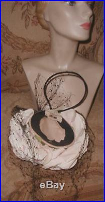 Gorgeous LILLY DACHE 1940s PLUMP PINK ROSES Tilt Hat, Full Silk Veil, O Ring VG