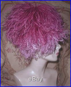 Gorgeous LILLY DACHE 1940s Purple Pink Ostrich Plumes TILT Hat w Silk Velvet Bow