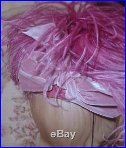 Gorgeous LILLY DACHE 1940s Purple Pink Ostrich Plumes TILT Hat w Silk Velvet Bow