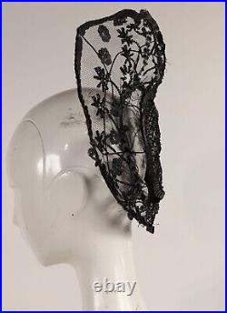 Gothic 1870's Victorian Wired Net Headpiece Bonnet W Jet Beads & Sequins