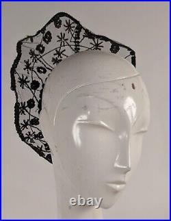 Gothic 1870's Victorian Wired Net Headpiece Bonnet W Jet Beads & Sequins