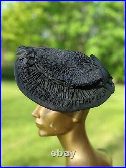 Gothic Victorian 1890s Ruched Pancake Hat W Crimped Straw Trim