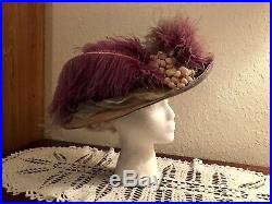 Grand Antique Edwardian Hat 1910s Titanic Era Pink And Purple Ostrich Feathers