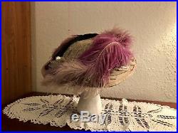 Grand Antique Edwardian Hat 1910s Titanic Era Pink And Purple Ostrich Feathers