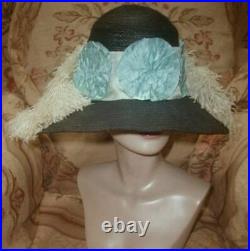 Grand Antique Edwardian Hat w Cream Ostrich Plumes, Aqua Silk Flowers, Wide Brim