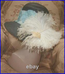 Grand Antique Edwardian Hat w Cream Ostrich Plumes, Aqua Silk Flowers, Wide Brim
