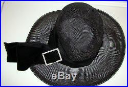 Grand Vintage 1930s Deco Black Horsehair Hat with Velvet Ribbon/Rhinestone Buckle