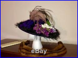 Grand Vintage Edwardian Purple Velvet Hat with Bird Of Paradise Feathers Flowers