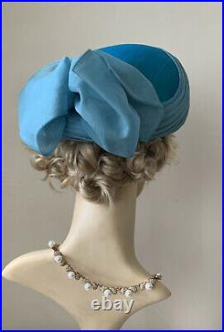 Grants Vintage 1960s Light Blue Chiffon Pleated Turban Hat Original Box & Bag