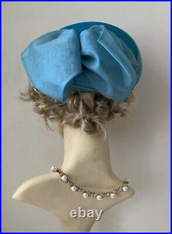 Grants Vintage 1960s Light Blue Chiffon Pleated Turban Hat Original Box & Bag