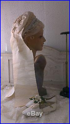 Great, antique victorian French wedding bonnet, marrial bonnet, lace, tule ribbons