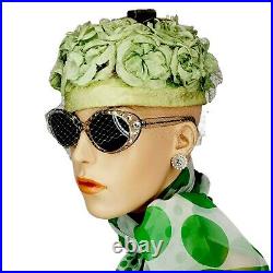Green Rose Millinery Floral Velvet Bows Birdcage Pillbox Hat Veil 1960s Vintage