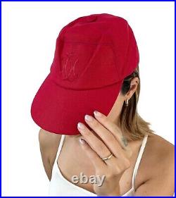 HERMES Vintage Logo Baseball Cap #57 Hat Adjustable Red Linen RankAB