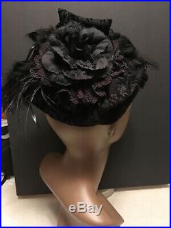 Handmade VTG Victorian Black Lace Feathers Paisley Ladies Mourning Hat Retro