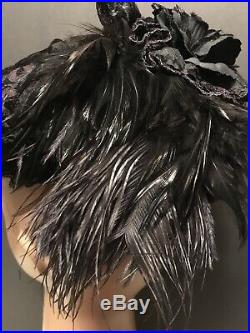 Handmade VTG Victorian Black Lace Feathers Paisley Ladies Mourning Hat Retro